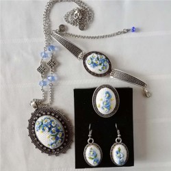 Blue Flower Vintage Embroidered Jewelry Set, Embroidered Gift, Syrian Handmade Accessories, Jewelry Set Gift For Her