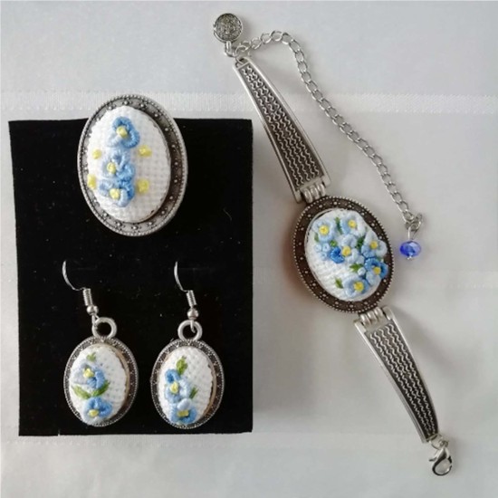 Blue Flower Vintage Embroidered Jewelry Set, Embroidered Gift, Syrian Handmade Accessories, Jewelry Set Gift For Her