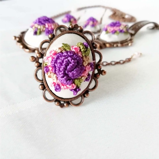 Purple Flower Vintage Embroidered Jewelry Set, Embroidered Gift, Syrian Handmade Accessories, Jewelry Set Gift For Her