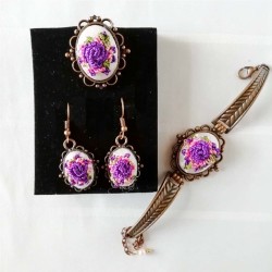 Purple Flower Vintage Embroidered Jewelry Set, Embroidered Gift, Syrian Handmade Accessories, Jewelry Set Gift For Her