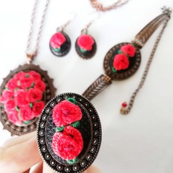Red Flower Vintage Embroidered Jewelry Set, Embroidered Gift, Syrian Handmade Accessories, Jewelry Set Gift For Her
