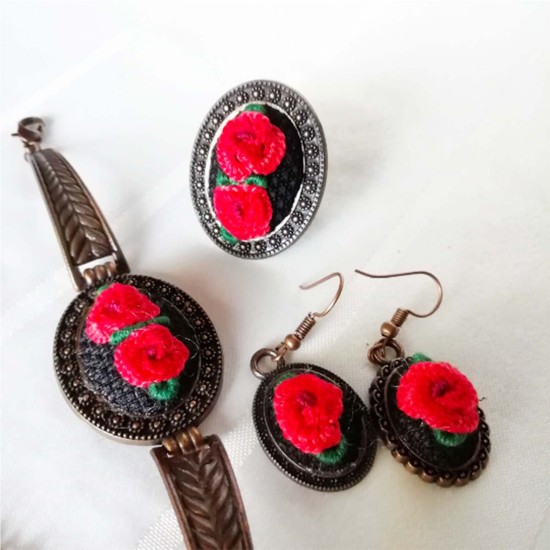 Red Flower Vintage Embroidered Jewelry Set, Embroidered Gift, Syrian Handmade Accessories, Jewelry Set Gift For Her