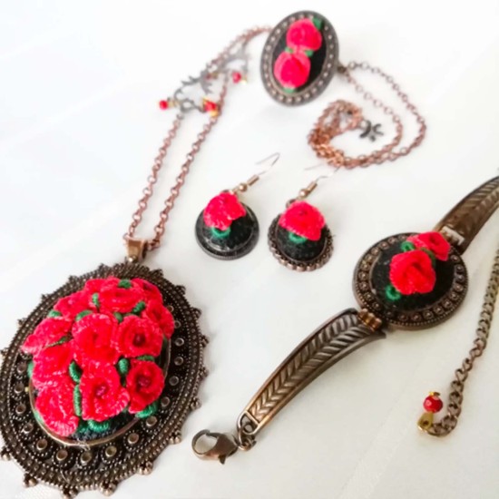 Red Flower Vintage Embroidered Jewelry Set, Embroidered Gift, Syrian Handmade Accessories, Jewelry Set Gift For Her