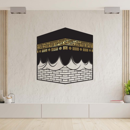 3D Kabe Decor, Glossy Acrylic and Black Wood Islamic Wall Art, SHAHADA on KAABA Design, Gift For Muslim, Kufic Script